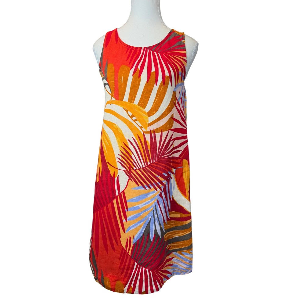 C&C California XS Red Tropical Palm 100% Linen Sleeveless Shift Dress *Altered